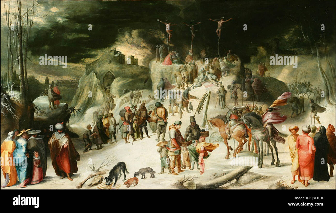 Une peinture de Karel van Mander I représentant un paysage hivernal avec de la neige, à côté d'une scène de la Crucifixion. L'œuvre combine des éléments naturels avec des images religieuses, typiques du style de van Mander à la Renaissance. Banque D'Images