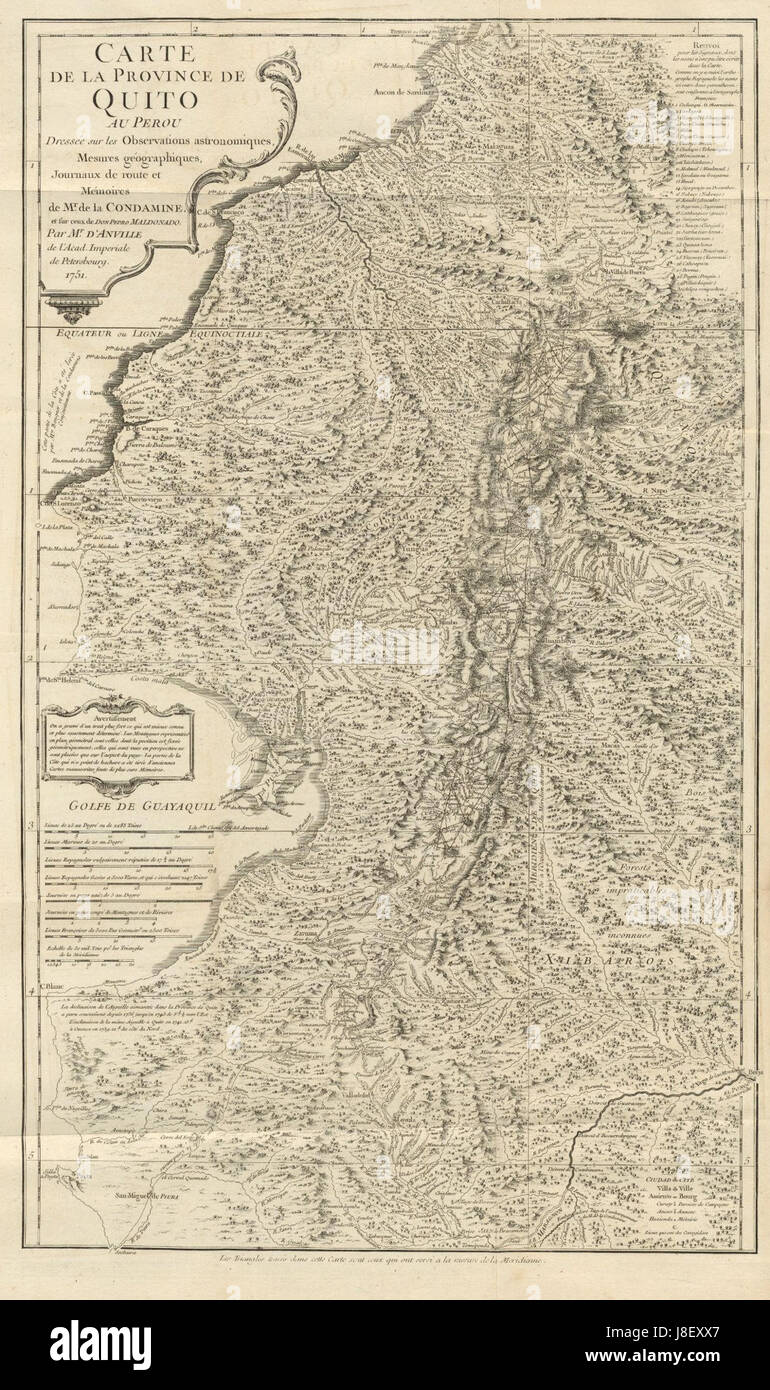 Cette carte, créée par la Condamine, représente la région autour de Quito, en Équateur, et a été produite par la Bibliothèque Houghton. Il offre un aperçu précieux de la géographie et de la cartographie de l'Amérique du Sud au XVIIe siècle. Banque D'Images