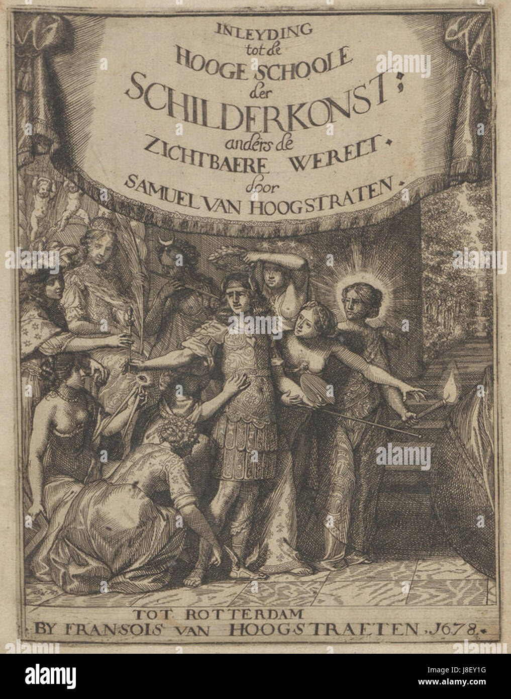 Un frontispice du traité d'art néerlandais de 1678 *Inleyding tot de hooge schoole der schilderkonst* de Samuel van Hoogstraten, axé sur les techniques de peinture et les principes de la composition artistique. Banque D'Images