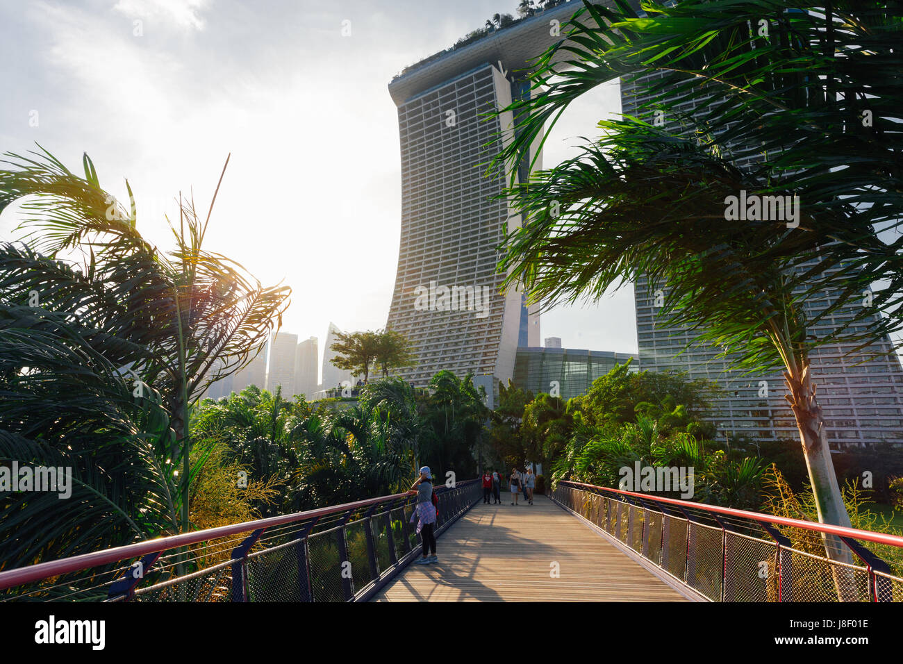 Singapour, Singapour - Le 17 février : Touristis marcher dans les jardins de la baie park avec Marina Bay Sands s'appuyant sur l'arrière-plan le 17 février Banque D'Images