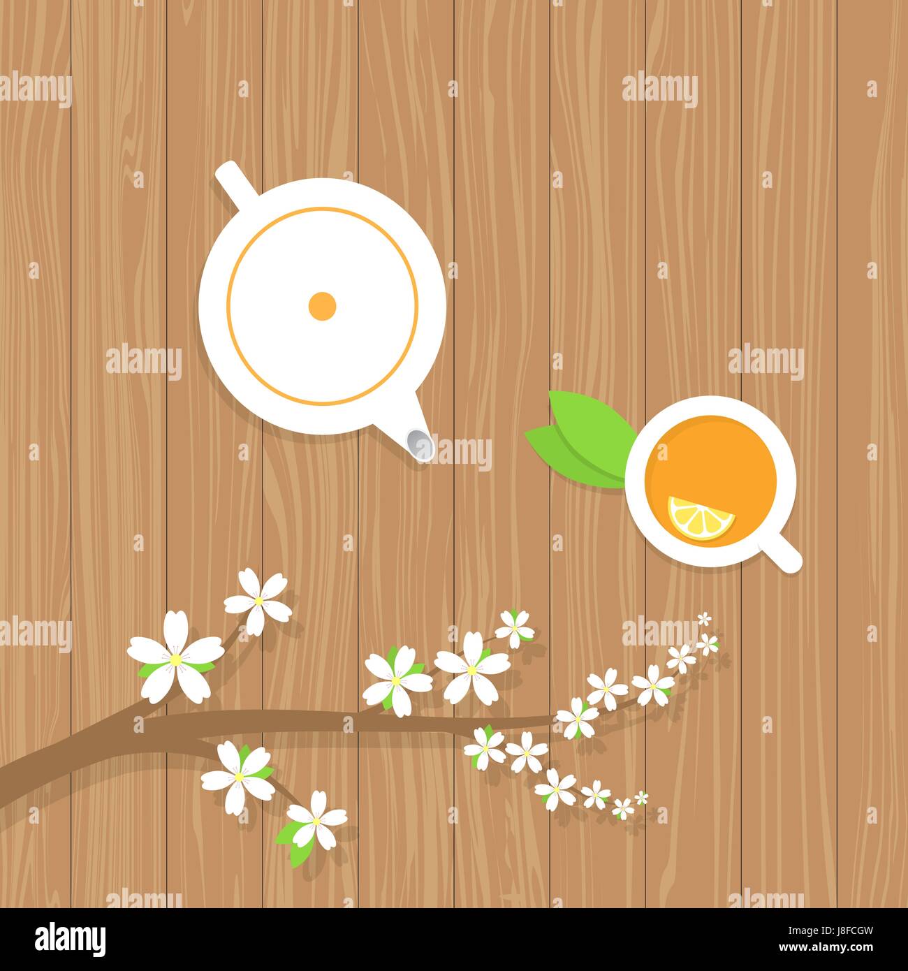 Thé théière et une branche de fleurs de la cerise sur une table en bois. Vector illustration . Illustration de Vecteur