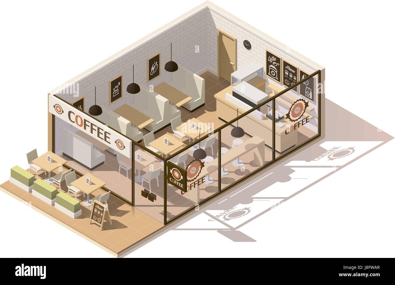 Vector poly faible isométrique coffee shop Illustration de Vecteur