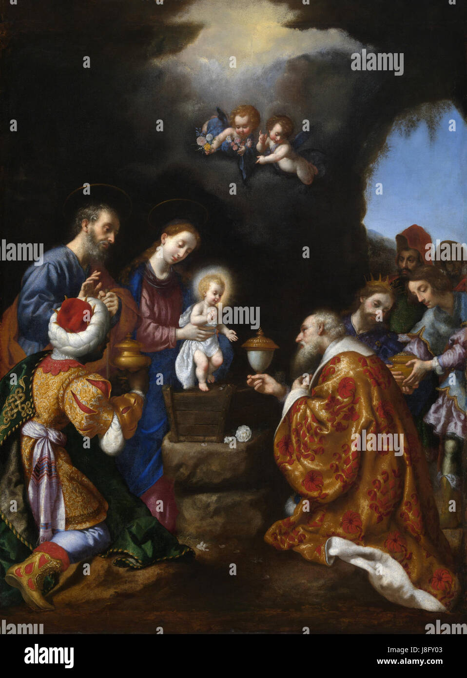 « Adoration of the Mages » est un chef-d'œuvre de l'artiste baroque italien Carlo Dolci. Cette peinture représente les trois sages présentant des cadeaux à l'enfant Jésus, mettant en valeur le style raffiné de Dolci et l'utilisation de la couleur et de la lumière dans les religieux Banque D'Images