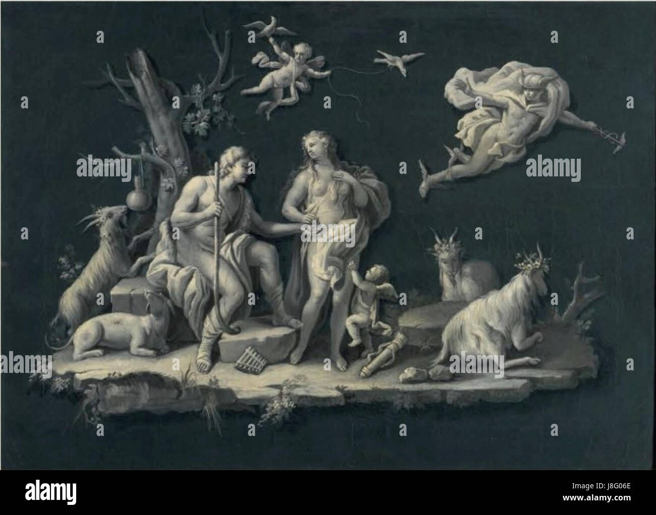 'Le jugement de Paris' de Filippo Comerio est une peinture à l'huile mesurant 46,2 par 64,2 cm, mettant en valeur une scène mythologique. Il a été vendu aux enchères à Sotheby's, soulignant son importance historique artistique. Banque D'Images