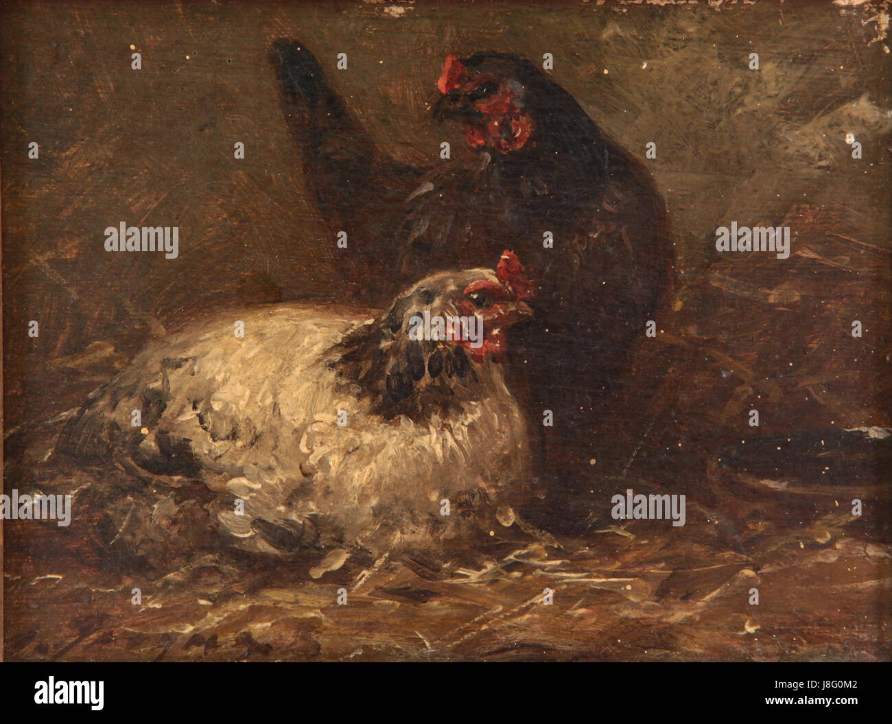 Gallinas est une peinture de Charles Jacque, un artiste français du XIXe siècle, représentant des poulets dans un cadre rural. Le travail de Jacque est reconnu pour sa représentation détaillée des animaux et de la vie rurale en France. Banque D'Images