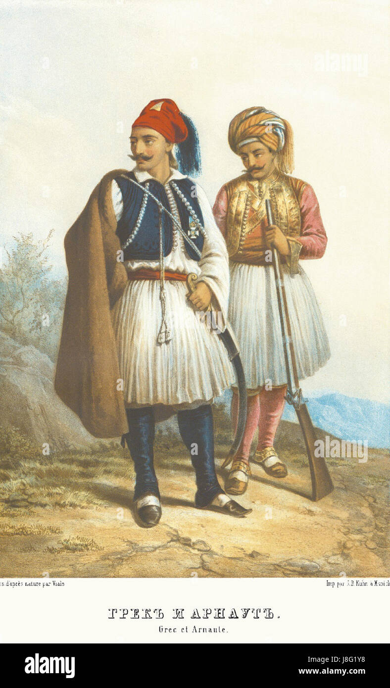 Le grec et Arnaut 1862 Fustanella fait référence à une représentation ou à un événement impliquant des individus grecs et Arnaut (albanais) portant le costume traditionnel de fustanella. La fustanella est un vêtement distinctif porté par les hommes grecs et albanais, en particulier au XIXe siècle. Cette image représente probablement un échange culturel, mettant en valeur les vêtements traditionnels et l'histoire commune entre la Grèce et l'Albanie. Banque D'Images