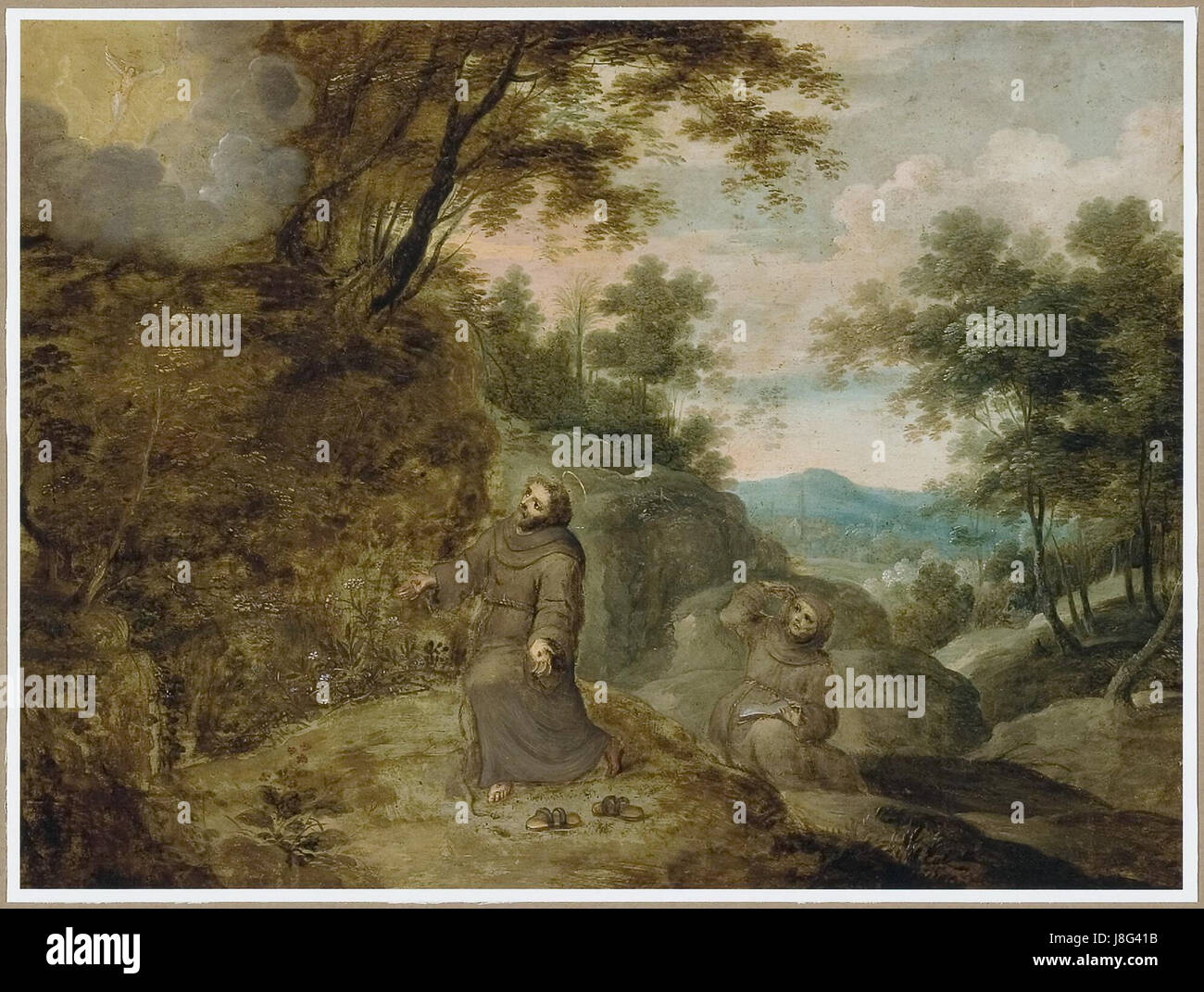 'L'ecstasy de Saint François' de Jan Baptiste Martin Wans, une peinture flamande du XVIIe siècle, dépeint le moment de l'éveil spirituel de Saint François et de sa connexion avec Dieu dans des détails émotionnels vifs. Banque D'Images