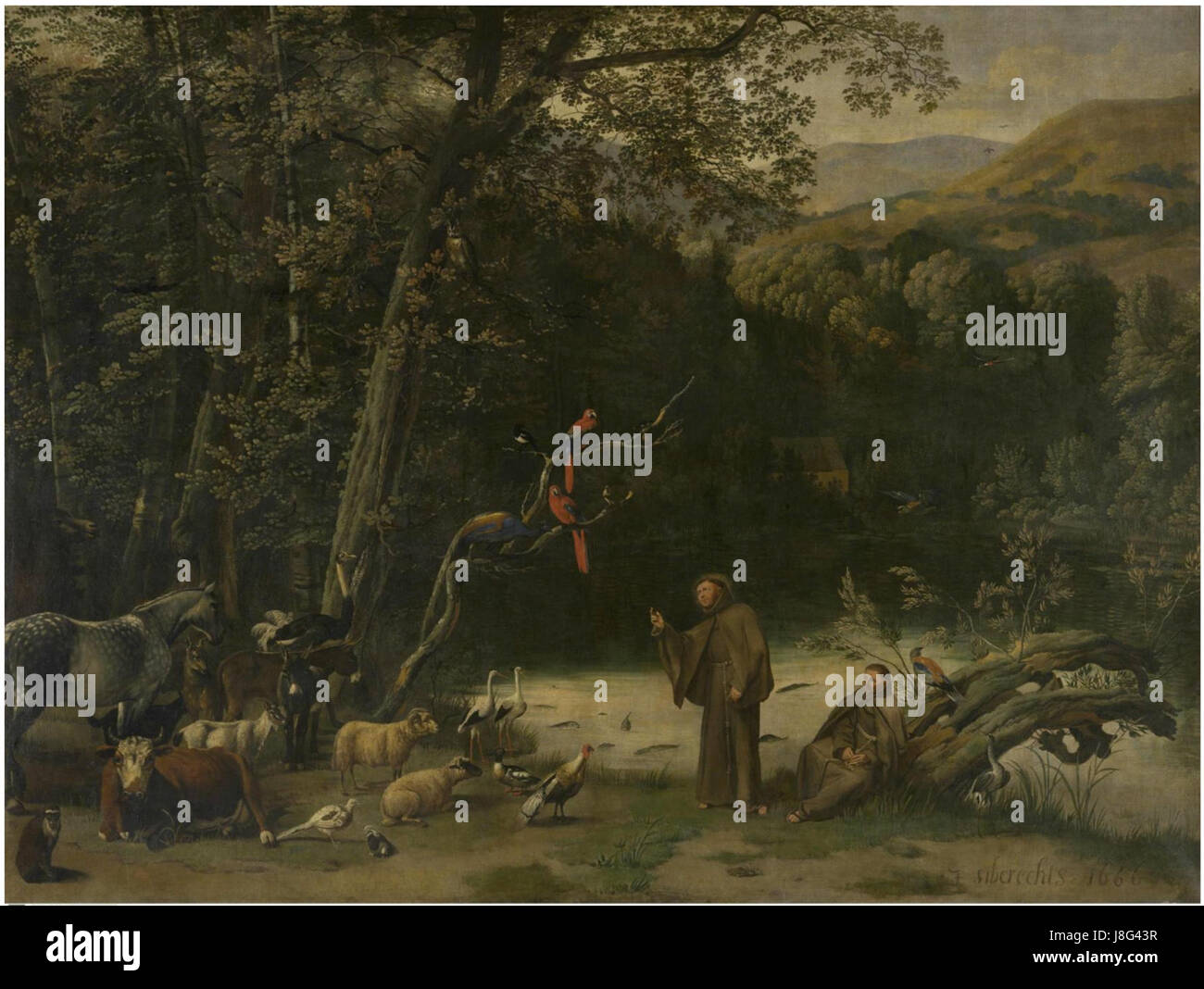 « Saint François prêchant aux animaux » de Jan Siberechts représente le saint du XIIIe siècle communiquant avec la faune, soulignant le lien entre l'humanité et la nature. Banque D'Images