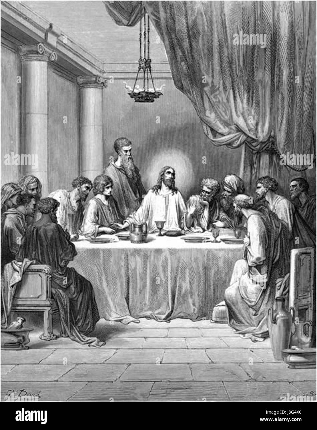 Une représentation artistique de Jésus-Christ partageant un repas avec ses douze disciples, capturant le moment de communion et l’annonce de la trahison, scène centrale de la tradition chrétienne et de la théologie. Banque D'Images