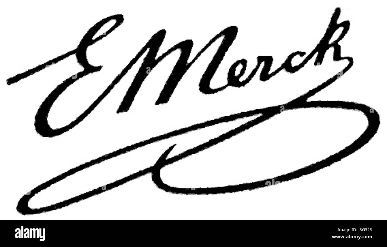 'Emanuel August Merck Unterschrift' fait référence à la signature d'Emanuel August Merck, figure notable de l'industrie pharmaceutique et de la famille Merck. Sa signature est un artefact historique, le liant aux premières années de la société pharmaceutique Merck, qui reste un acteur mondial majeur de l’industrie. Banque D'Images