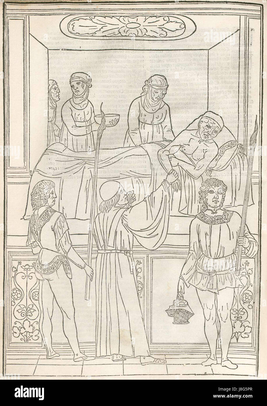 Cette œuvre d'art, intitulée 'Krankenzimmer 1500', représente une salle médicale des années 1500, mettant en valeur les premières étapes des soins de santé et des milieux hospitaliers dans la période de la Renaissance. Il reflète l'histoire des soins médicaux, des pratiques chirurgicales et du traitement des patients. Banque D'Images