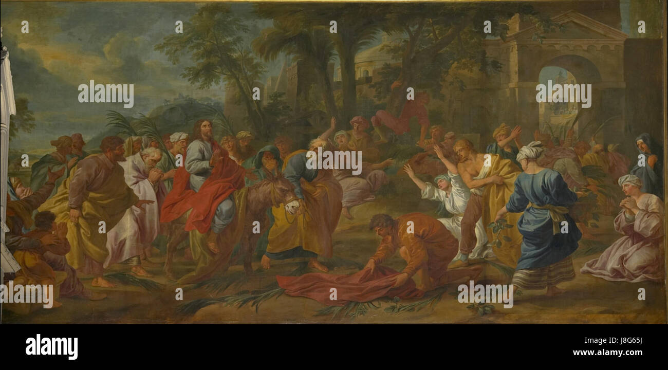 Cette peinture de Jan van Orley représente la scène biblique de l'entrée triomphale du Christ à Jérusalem, capturant un moment important de la tradition chrétienne. Banque D'Images