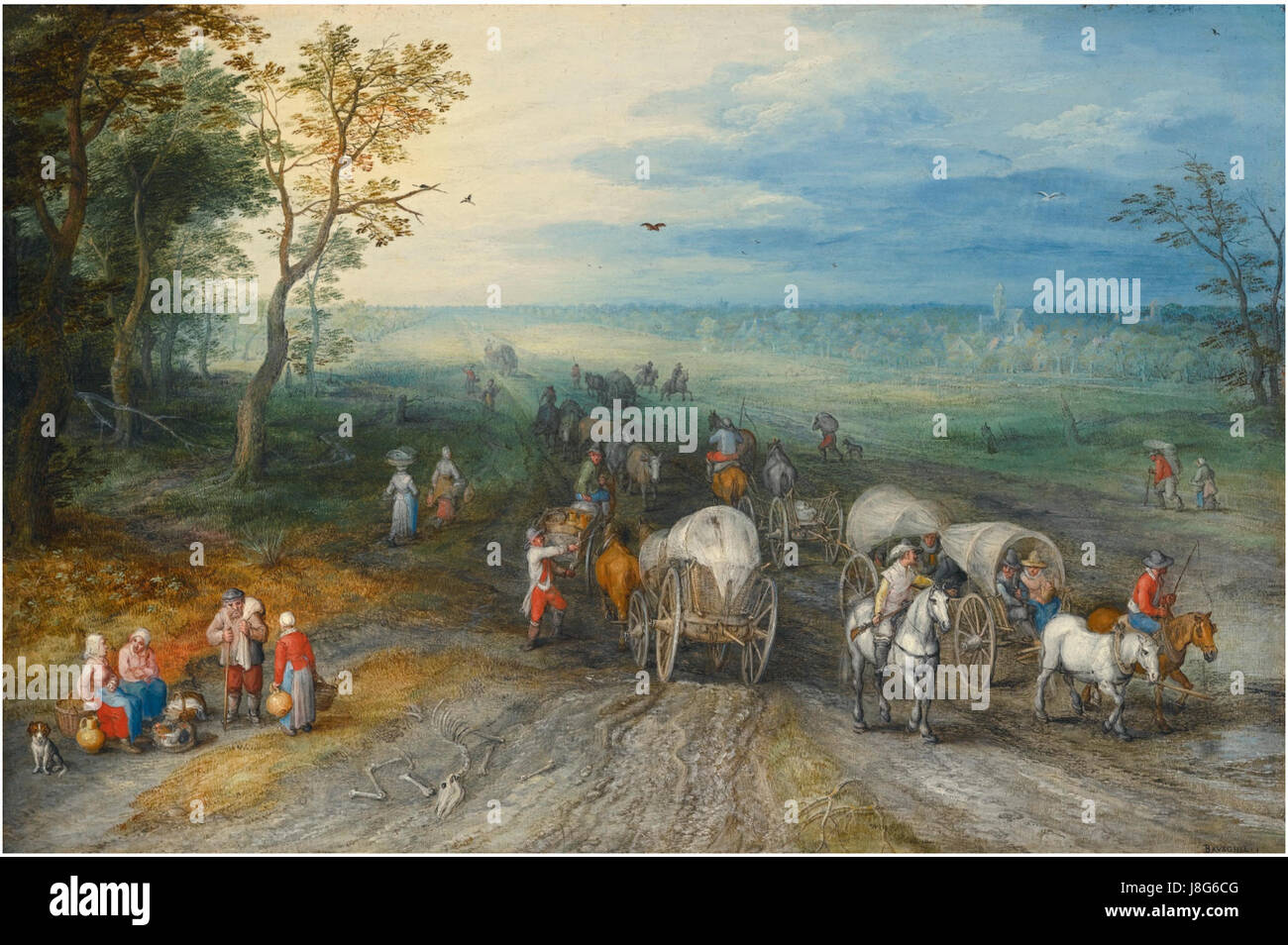 Jan Brueghel (I) paysage panoramique avec les voyageurs avec des chevaux, des chariots et les bovins Banque D'Images