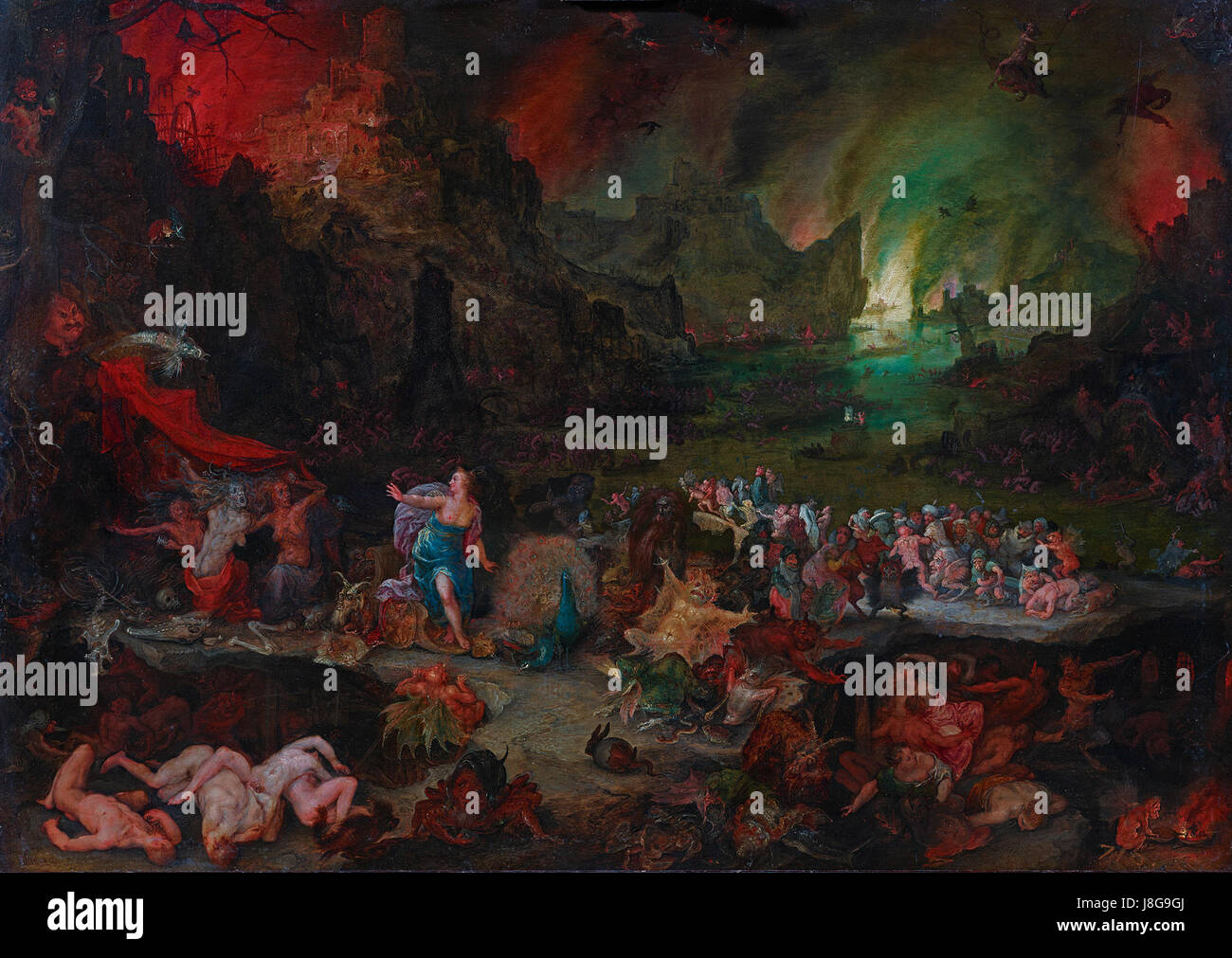 Junon dans le monde souterrain est une peinture de Jan Brueghel l'ancien, représentant la déesse romaine Junon descendant dans le monde souterrain. L'œuvre d'art détaillée capture les thèmes mythologiques et l'utilisation symbolique de la couleur, mettant en valeur la maîtrise de Brueghelâ€™ dans le portrait de scènes complexes de la mythologie classique. Banque D'Images