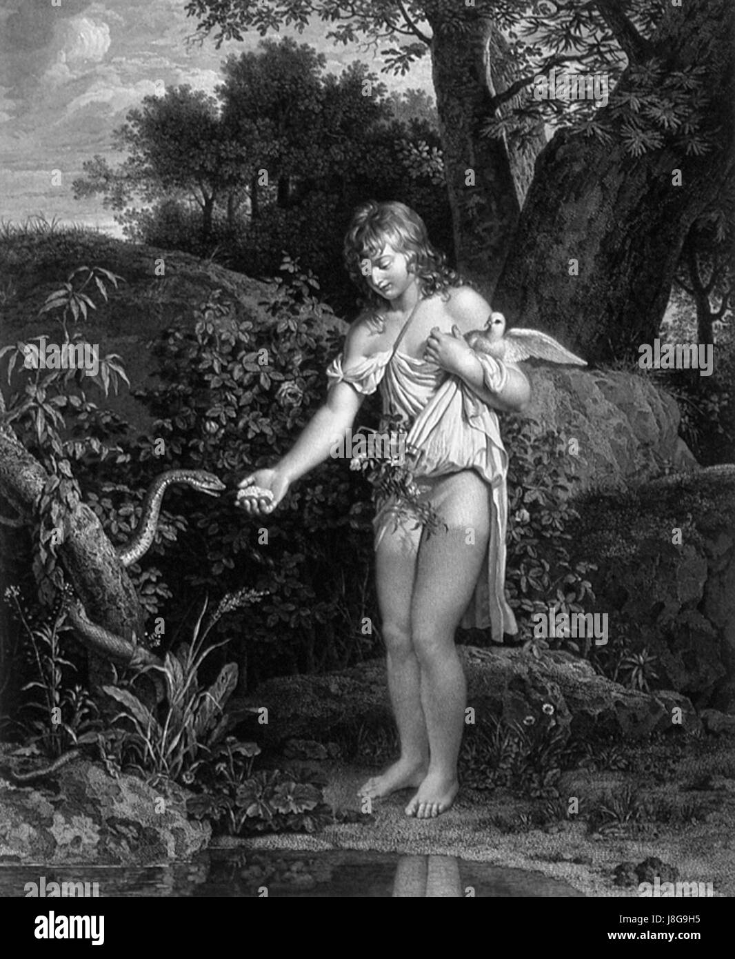 'L'innocence nourrissant un serpent' est une peinture française de 1791, présentant les thèmes de l'innocence et du danger, où une femme est représentée nourrissant un serpent, symbolisant le délicat équilibre entre pureté et risque. Banque D'Images