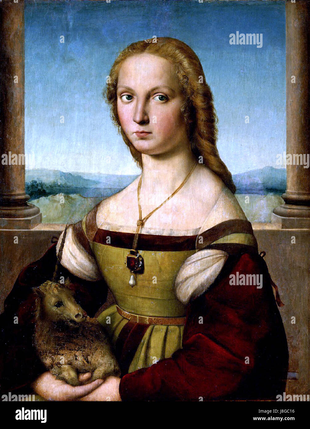 La « Dame à la licorne » est une peinture attribuée à l'artiste italien de la Renaissance Raphaël (Raffaello Sanzio), représentant une femme avec une licorne, symbolisant la pureté et la grâce. La peinture reflète les idéaux de beauté et d'harmonie de la Renaissance. Banque D'Images