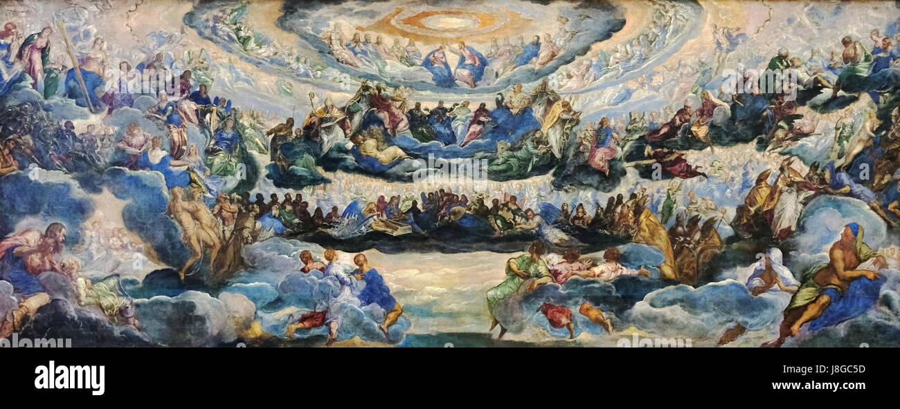 Représentation artistique de 'le Paradis' par le Tintoret, conservé au Musée du Louvre, Paris. L'image met en valeur la grandeur de ce chef-d'œuvre, illustrant la composition dynamique de l'artiste et l'utilisation de la couleur. Banque D'Images