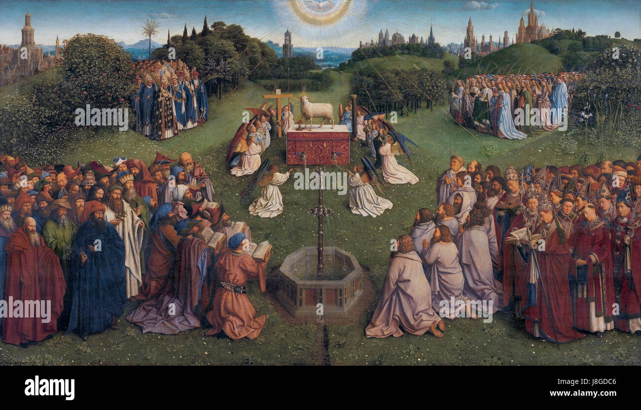 Le panneau central du retable de Gand, peint par Hubert van Eyck, représente des scènes religieuses et est réputé pour son artisanat détaillé, servant d'exemple de la peinture néerlandaise. Banque D'Images