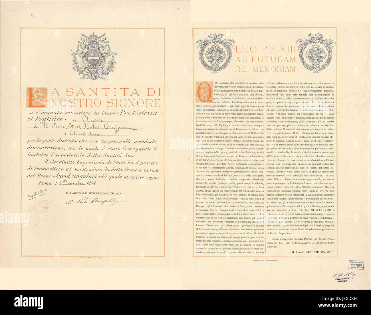 Document bij de Pauselijke onderscheiding Pro Ecclesia et Pontifice van Pierre Cuypers Cuypershuis 0481 A (gauche) Banque D'Images