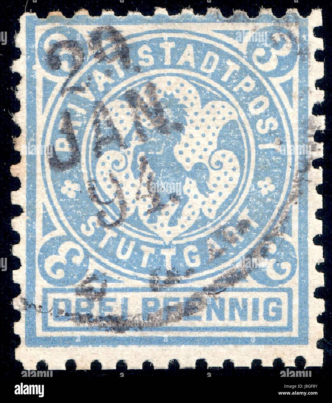 Ce timbre à 1890 de Stuttgart, Allemagne, est une émission de 3 pfennig, mettant en valeur l'histoire postale locale. Le timbre est utilisé, offrant un aperçu du système postal et de la conception du timbre de l'époque. Banque D'Images