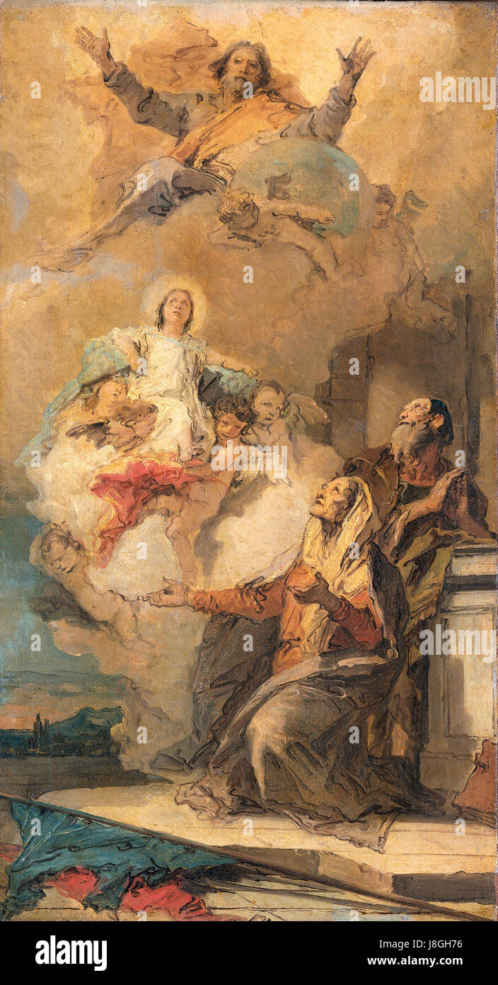 La peinture de Giovanni Battista Tiepoloâ€™s 'Dieu le Père envoie la Vierge Marie à ses parents Joachim et Anna' dépeint une scène biblique significative, rendue dans le style baroque grandiose de Tiepoloâ€™s, illustrant l'intervention divine et la dévotion familiale. Banque D'Images