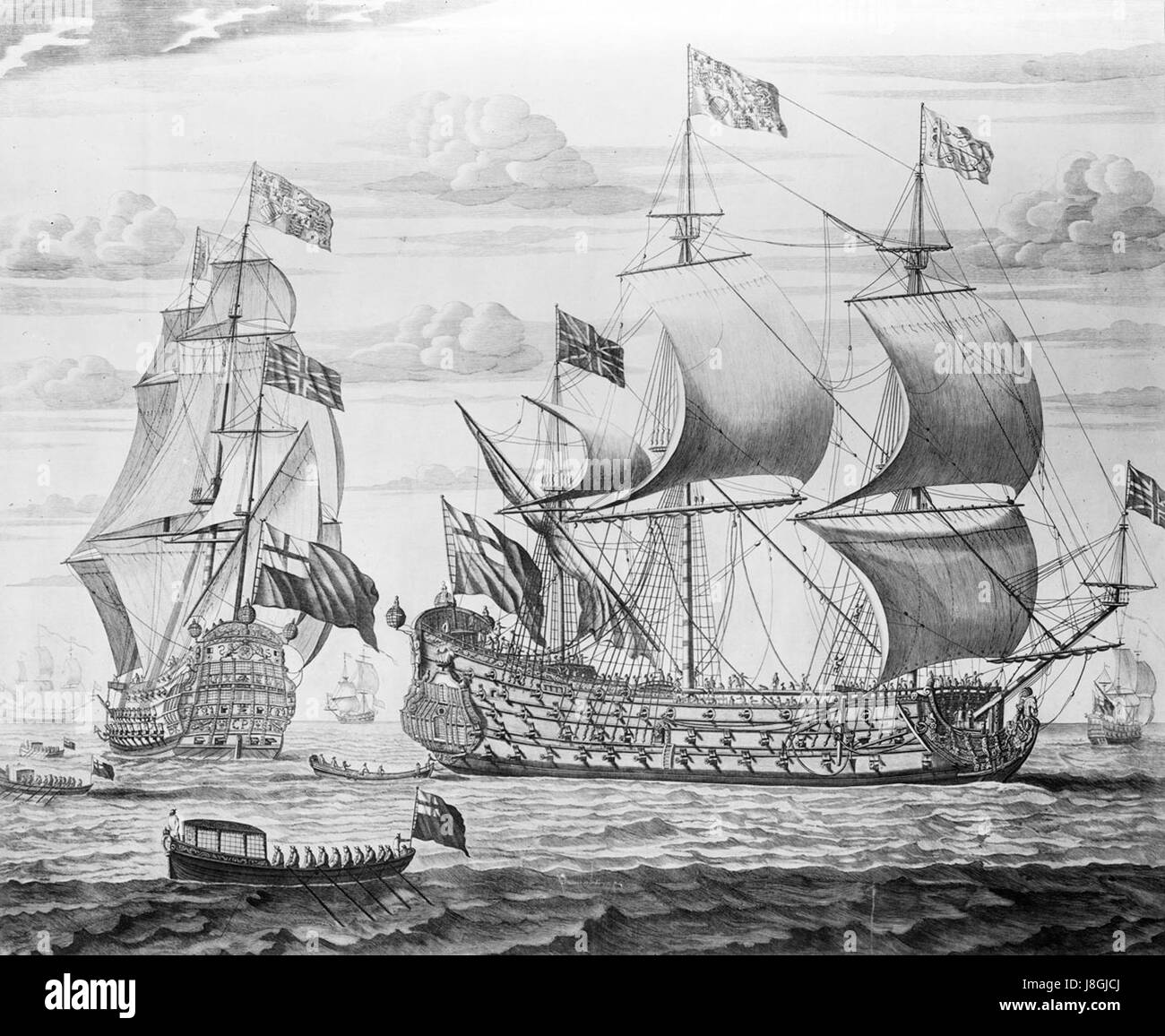 Le HMS Prince était un navire de ligne britannique du XVIIe siècle, mis en service en 1670. Il a joué un rôle clé dans l'histoire navale de l'époque, représentant la force et la stratégie de la Royal Navy pendant l'ère de la restauration. Banque D'Images