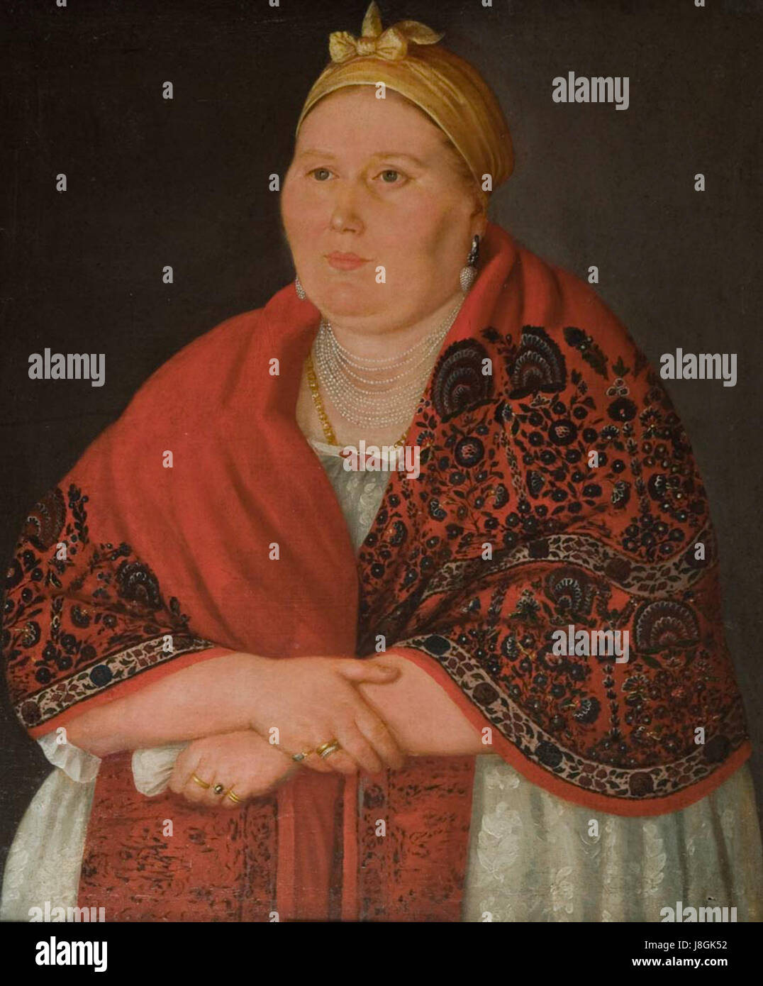 Femme en rouge châle marchand par anonim (19 c., Tver gallery) Banque D'Images