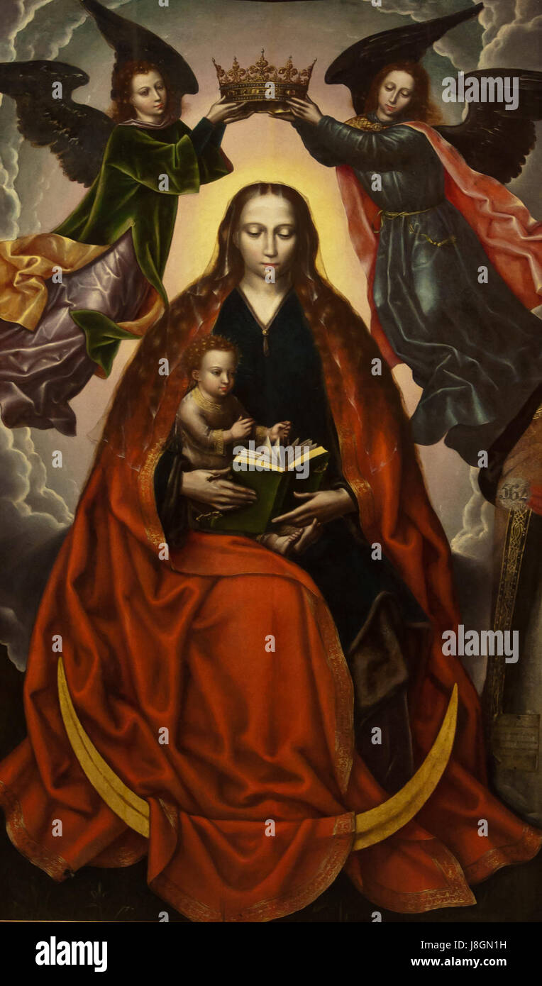 Le Maagd met Kind (Vierge à l'enfant) de Marcellus Coffermans, peint en 1560, est une œuvre d'art religieuse importante exposée aux Bellas Artes de Séville. La pièce reflète la dévotion religieuse de l'artiste et l'influence artistique de la Renaissance. Banque D'Images