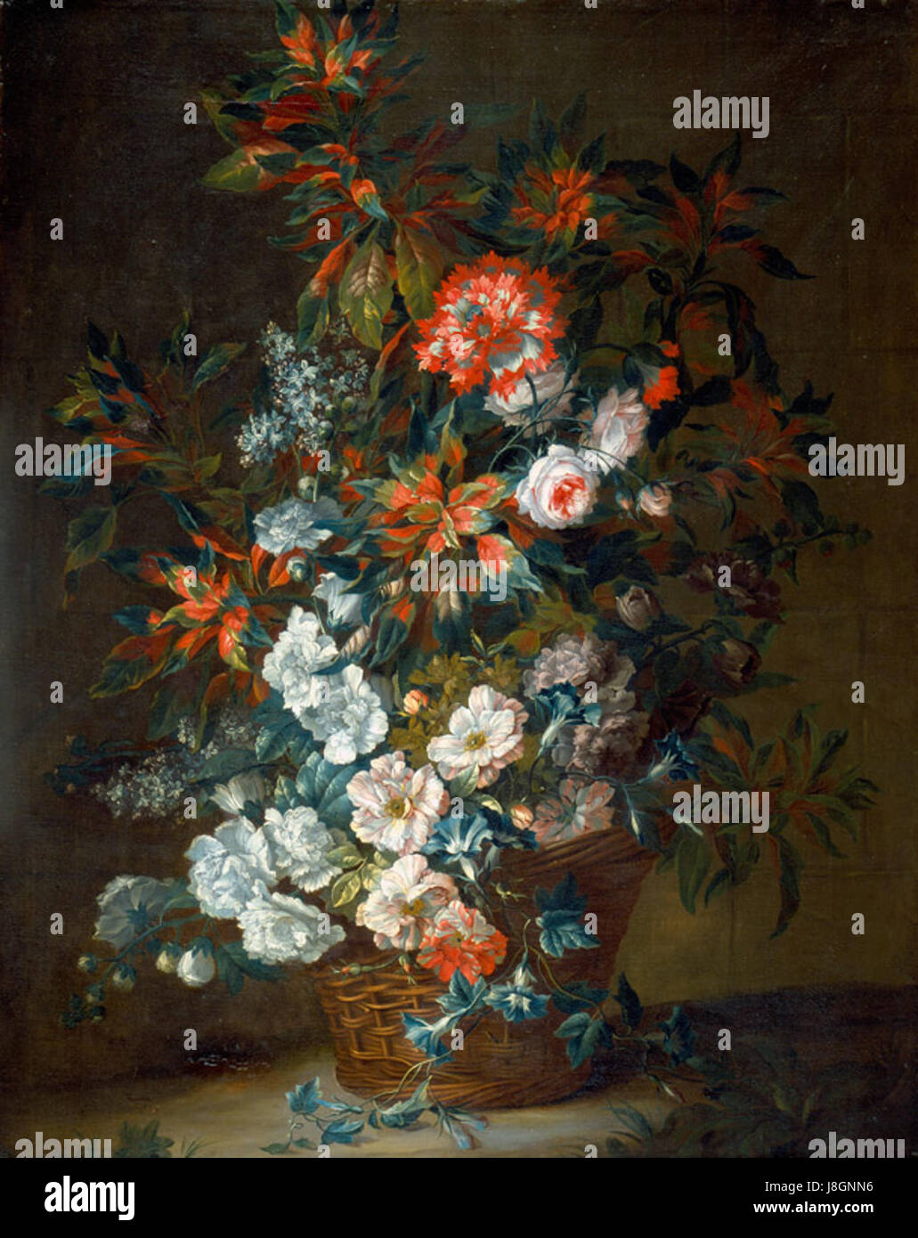 'Fleurs dans un panier' de Jean Baptiste Monnoyer est une peinture à l'huile créée vers 1695. Cette œuvre d'art de natures mortes capture des arrangements floraux vibrants et est conservée au High Museum of Art, mettant en valeur l'habileté de Monnoyer en matière de représentation botanique. Banque D'Images