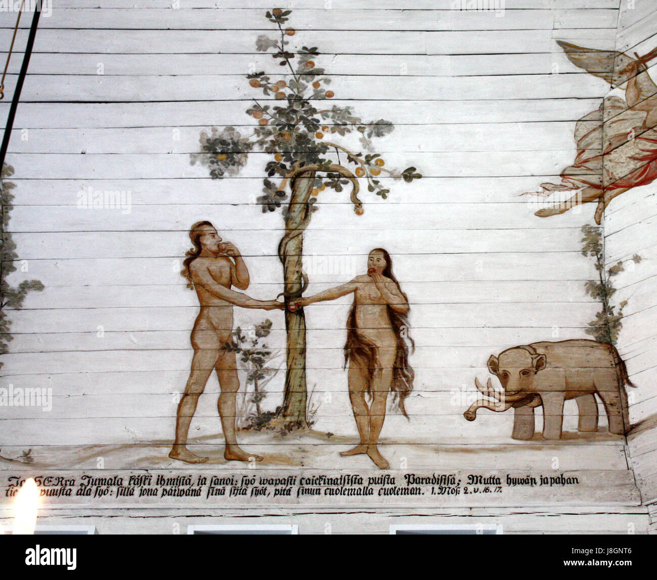 La chute de l'homme de Mikael Toppelius de 1774 est une œuvre d'art représentant l'histoire biblique d'Adam et Ève, illustrant leur expulsion du jardin d'Eden dans un style classique. Banque D'Images
