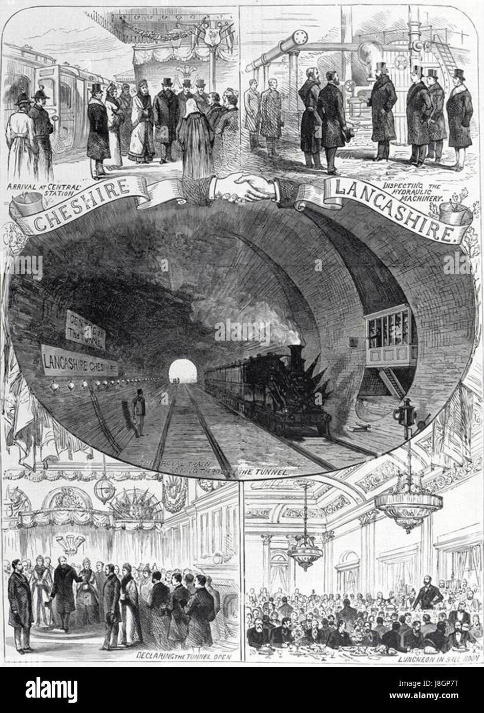 Illustration tirée de l'Illustrated London News, volume 88, page 112, montrant l'ouverture du tunnel ferroviaire de Mersey par le prince de Galles le 20 janvier 1886. Banque D'Images