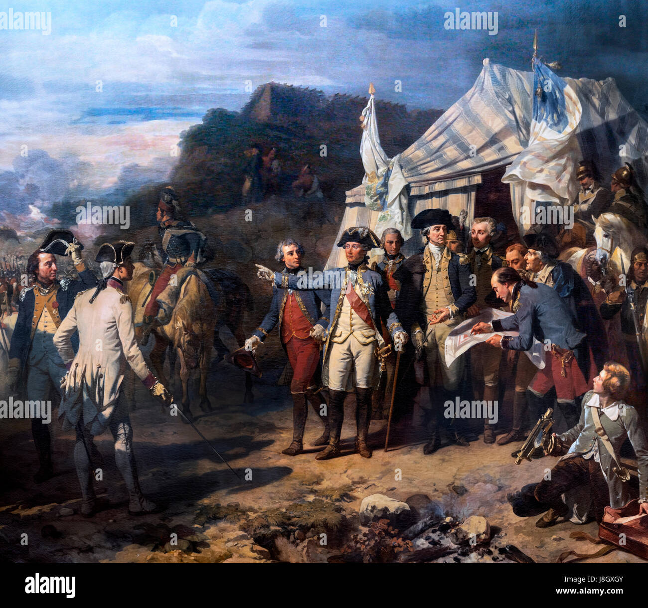 Siège de Yorktown, le 17 octobre 1781 par Auguste Couder, huile sur toile, 1836. Le général George Washington, le Comte de Rochambeau et le Marquis de Lafayette en donnant leurs ordres avant la bataille. Banque D'Images