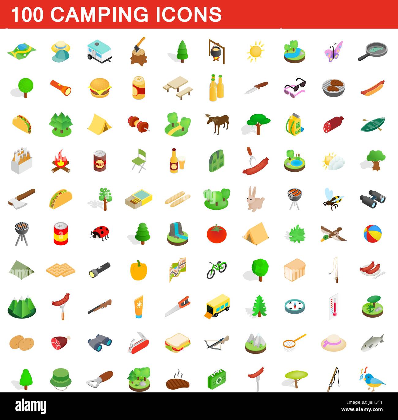 Camping 100 icons set, style 3D isométrique Illustration de Vecteur