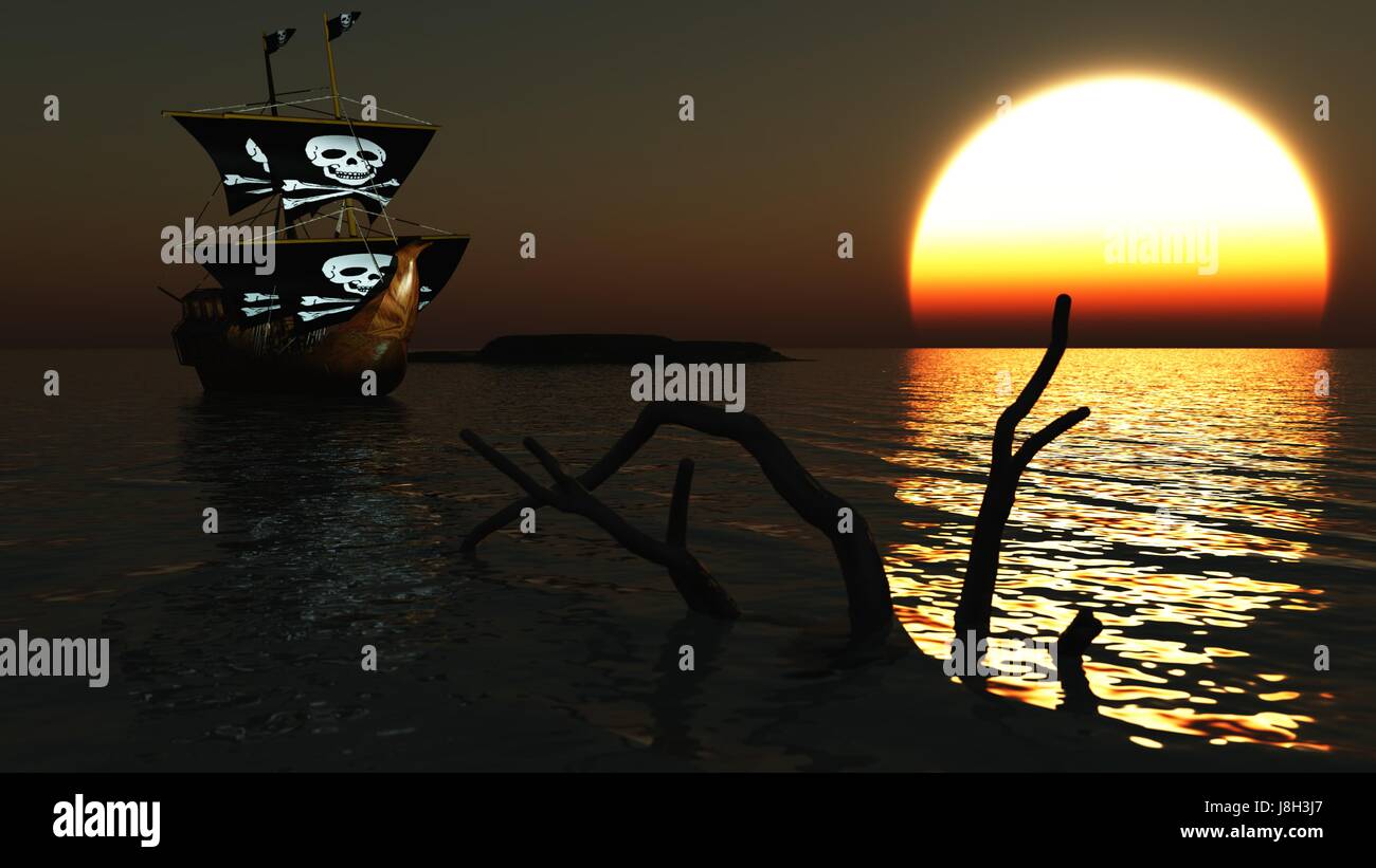 Bateau de pirate en haute mer Banque D'Images