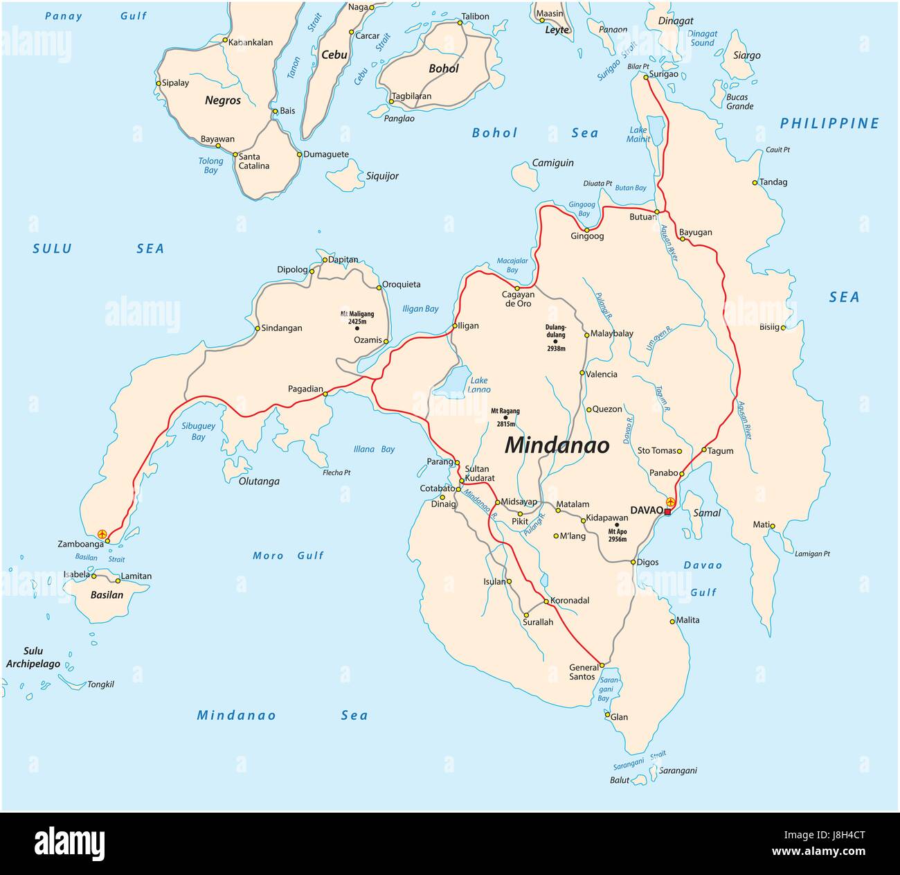 Carte routière de la deuxième plus grande îles Philippines Mindanao Illustration de Vecteur