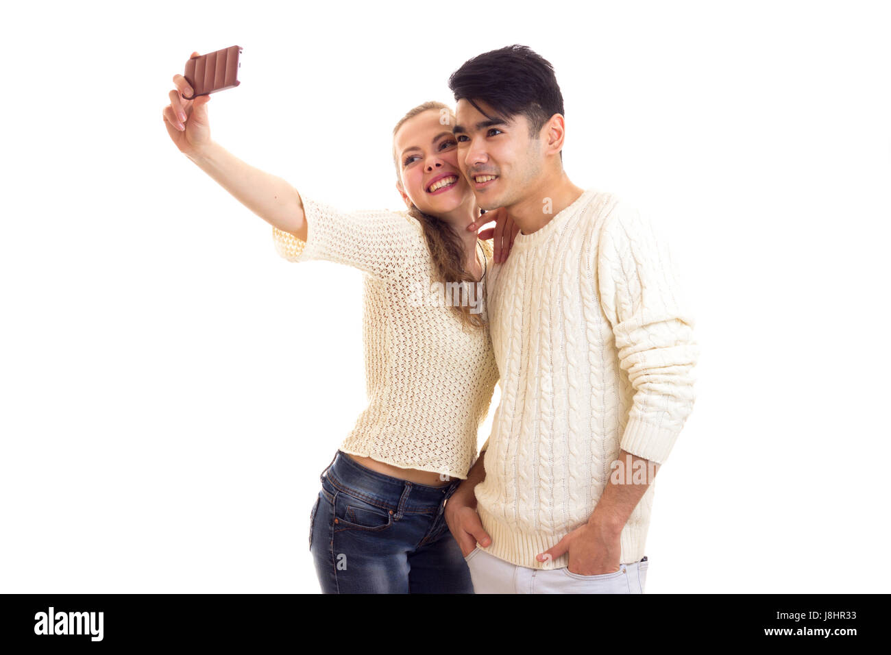 Jeune couple selfies Banque D'Images