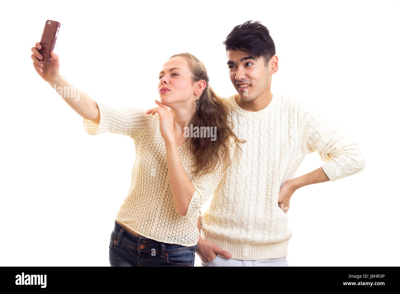 Jeune couple selfies Banque D'Images