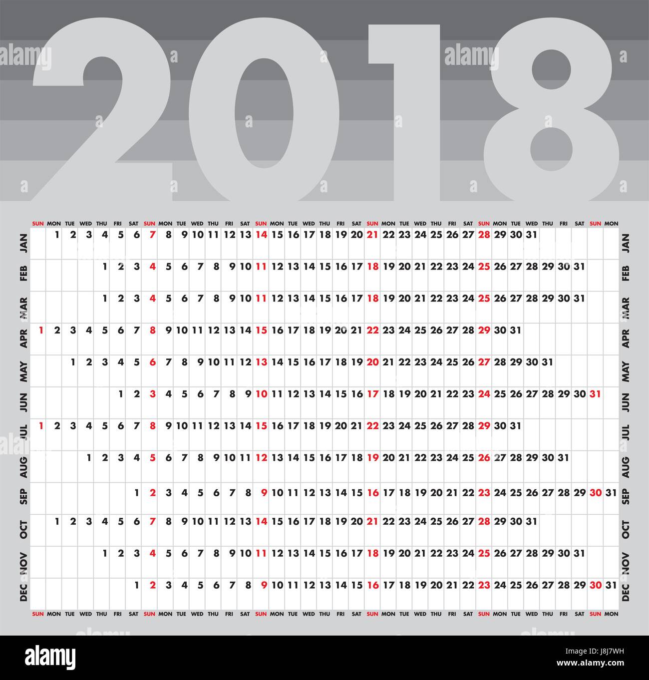 Simple Calendrier pour 2018. Numéros à l'intérieur d'une grille. Design horizontal. Illustration de Vecteur