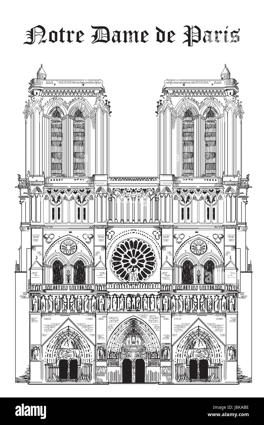 La Cathédrale Notre Dame (monument de Paris, France) vector illustration dessin main isolé en couleur noir sur fond blanc Illustration de Vecteur