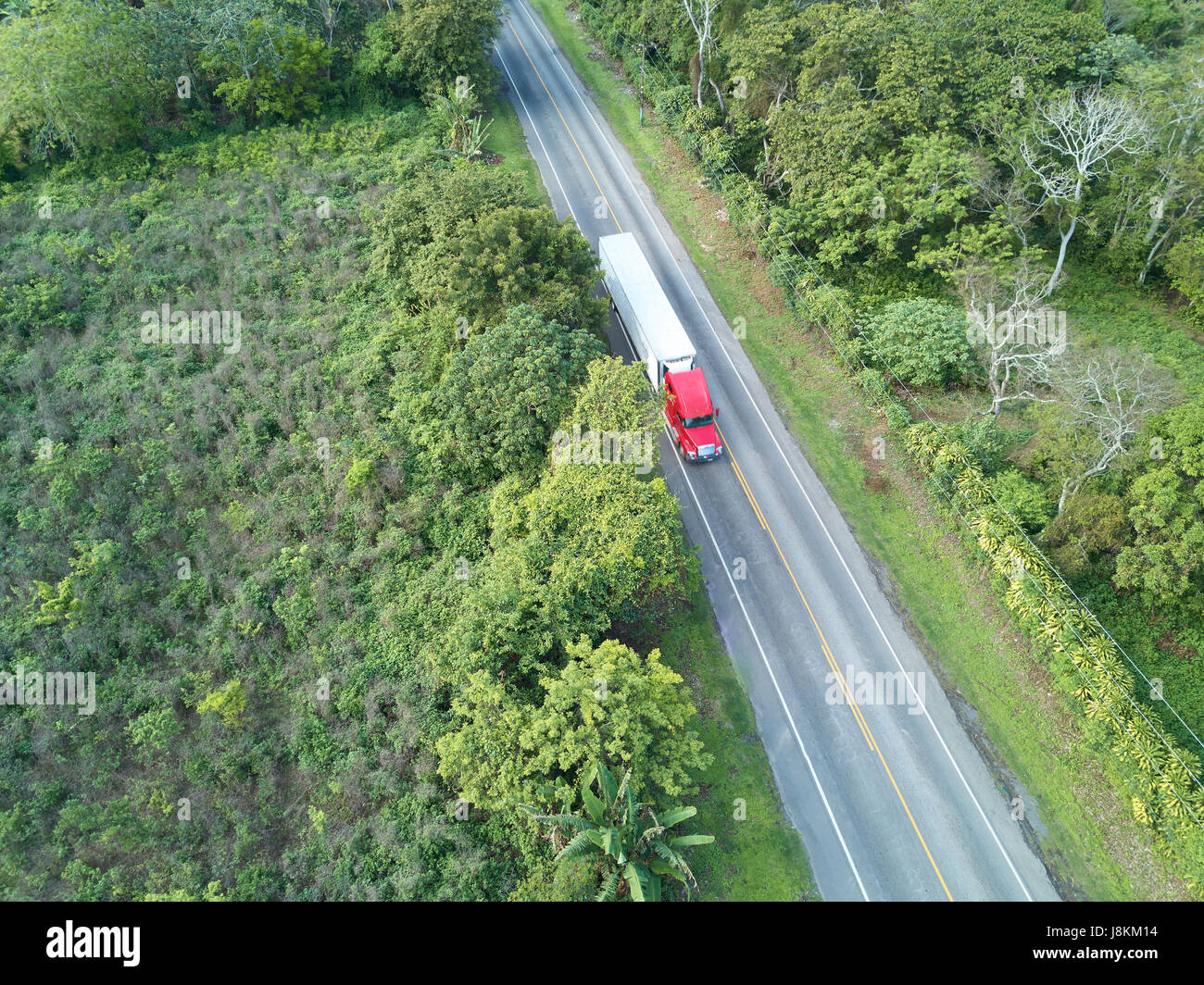 Camion transporter du fret en vue aérienne dans la nature verte road. Chariot en mouvement sur la route Banque D'Images