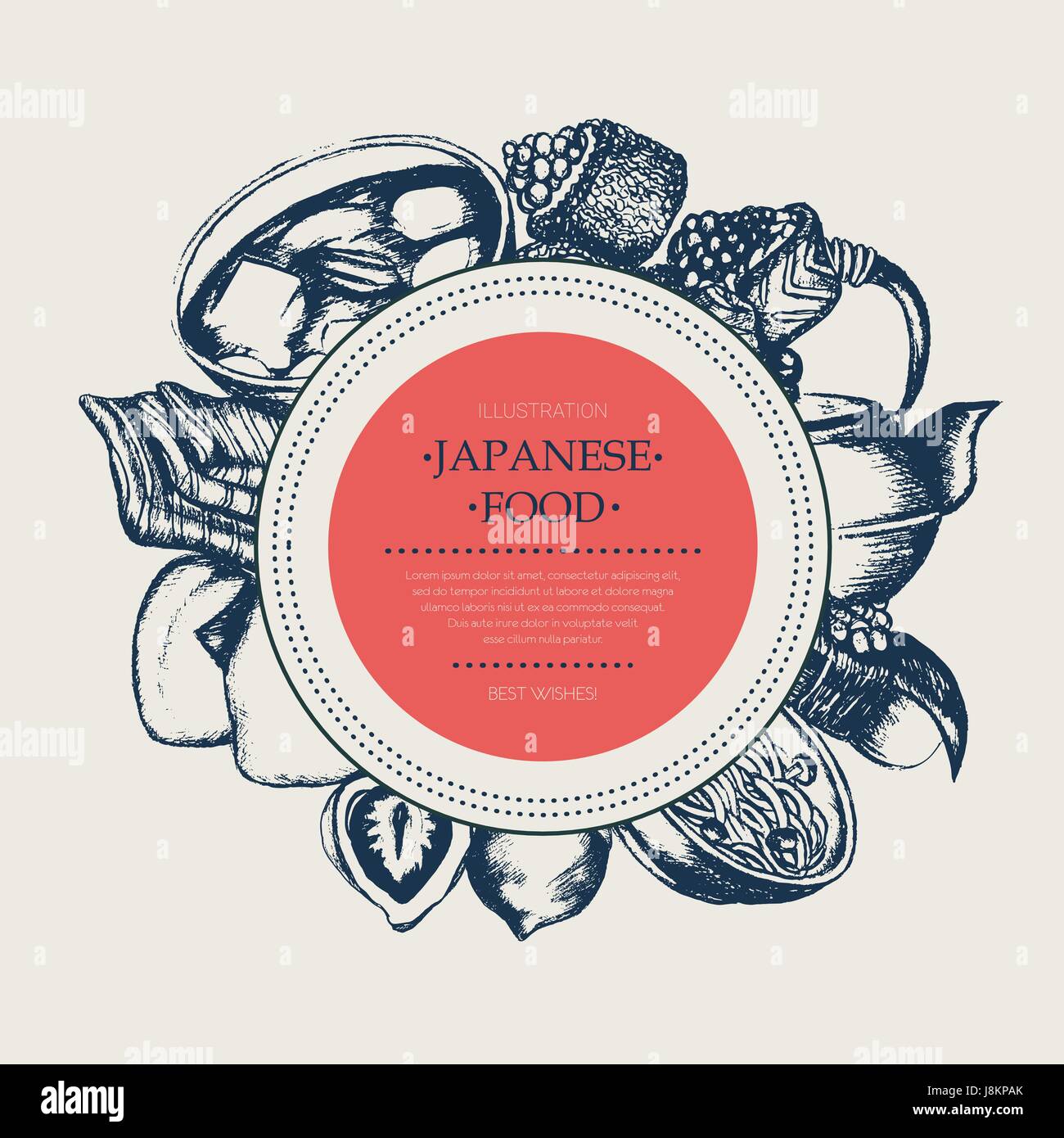 La nourriture japonaise - vector hand drawn bannière ronde. Illustration de Vecteur