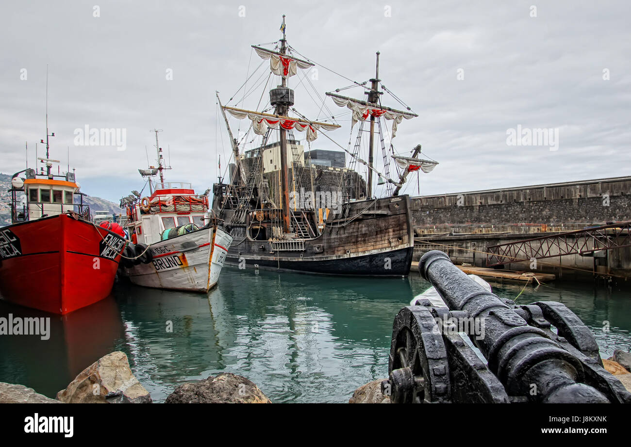 Madère, Portugal, bateau à voile, voilier, madère, cannon, sel, eau de mer, Banque D'Images