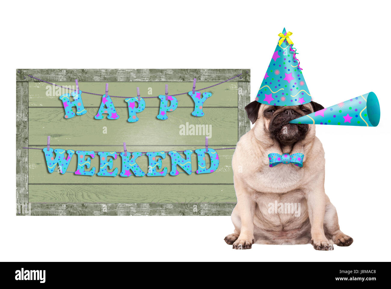 Cute puppy dog pug avec blue party hat et la corne et vert panneau en bois avec texte happy weekend, isolé sur fond blanc Banque D'Images