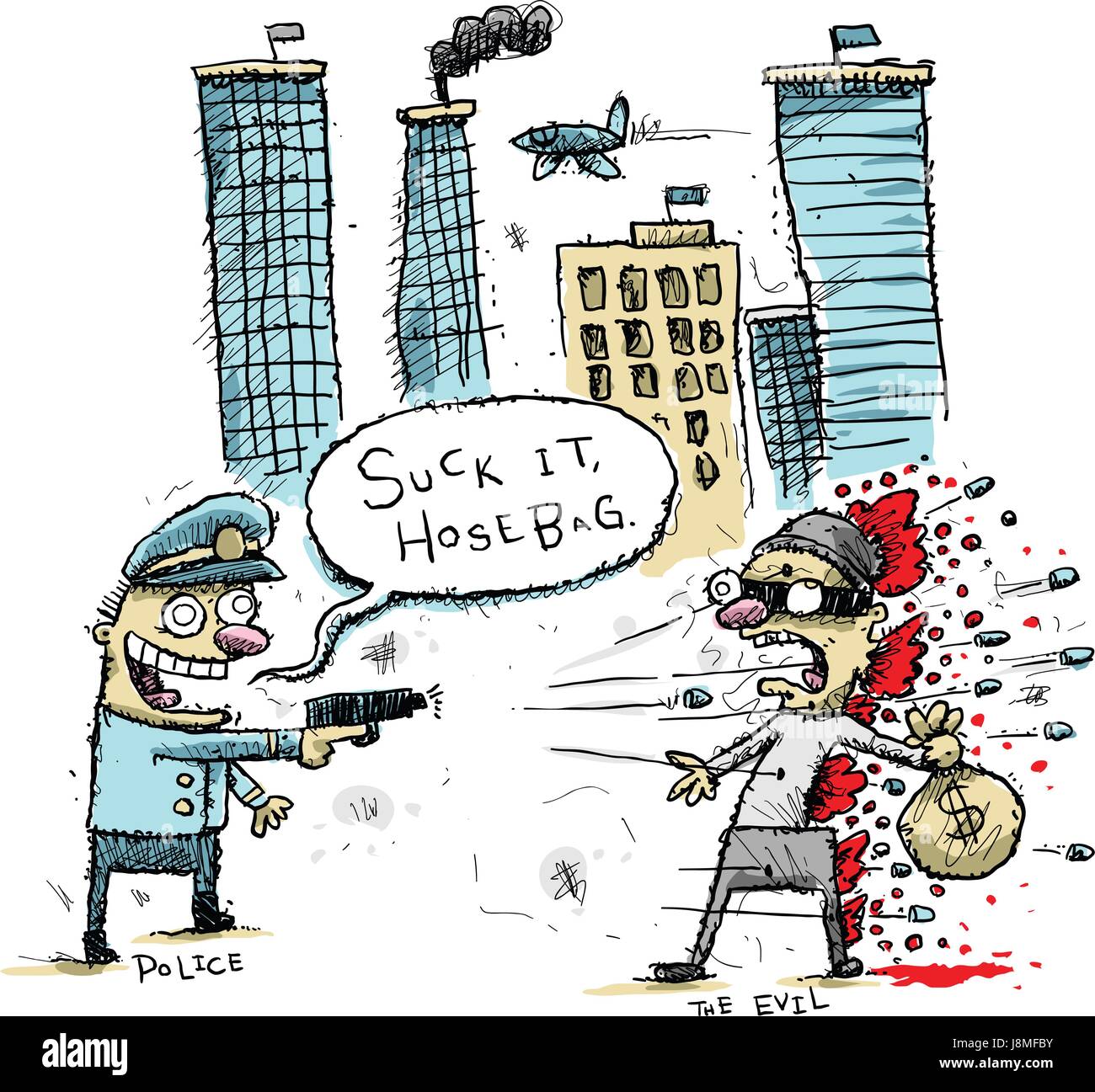 Un dessin animé policier arrête un voleur en tirant sur lui à la mort et d'insultes lui. Illustration de Vecteur