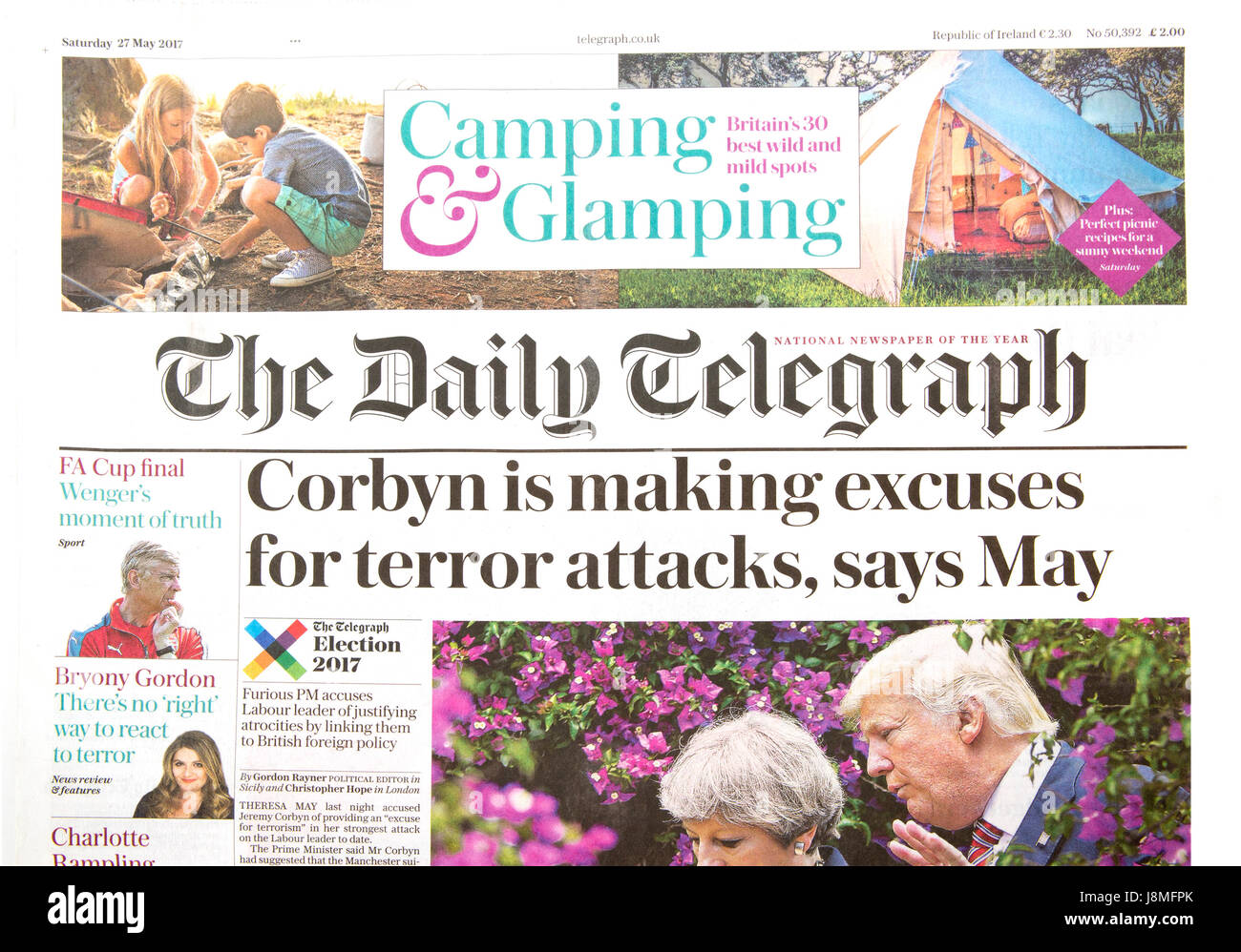 SWINDON, Royaume-Uni - Mai 27, 2017 : Le Daily Telegraph Corbyn est de trouver des excuses pour les actes de terreur, Dit Mai Banque D'Images