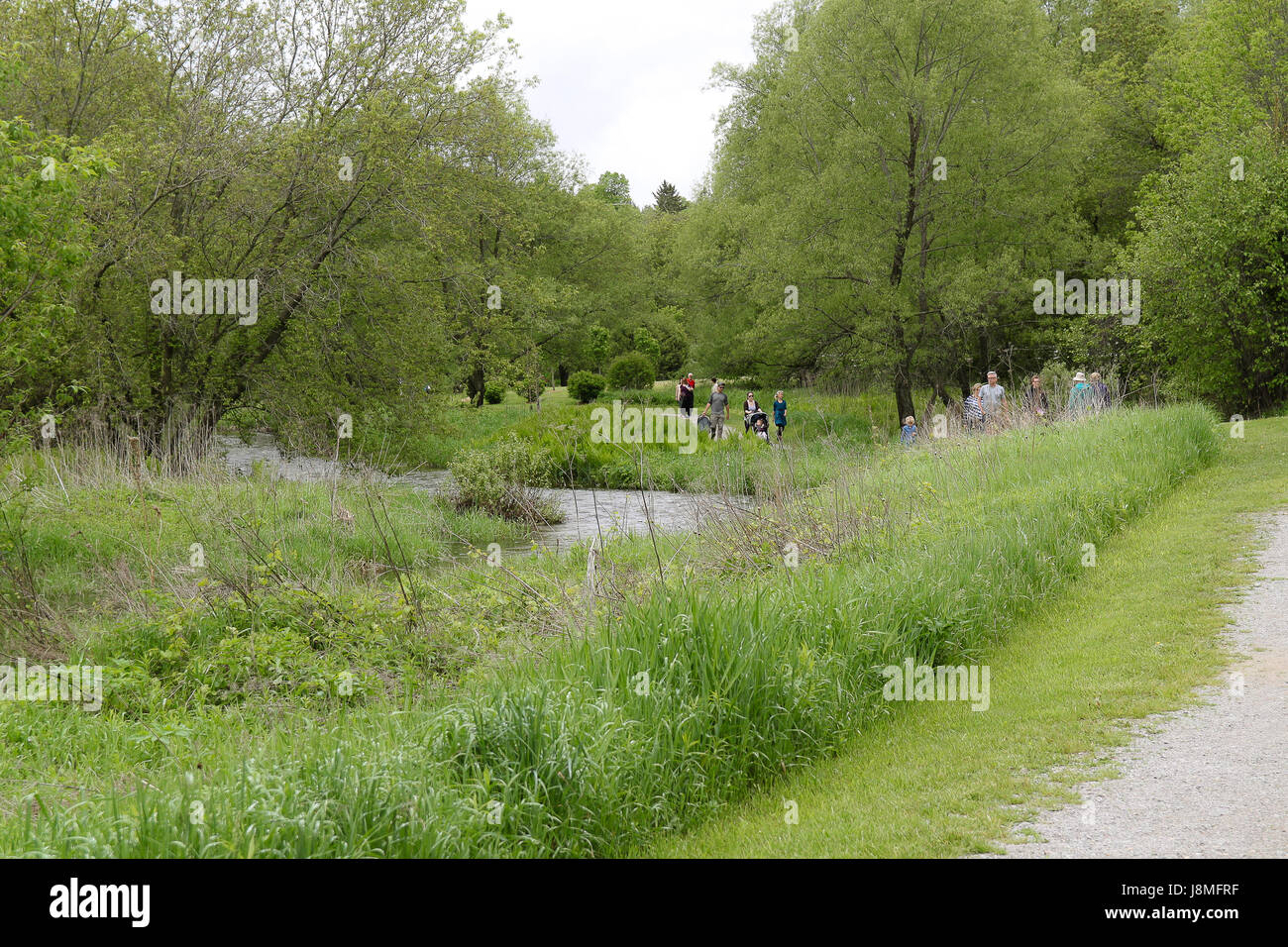 Festival lilas de Warkworth. Vue sur le ruisseau et un sentier avec les gens à profiter de la vue. Banque D'Images