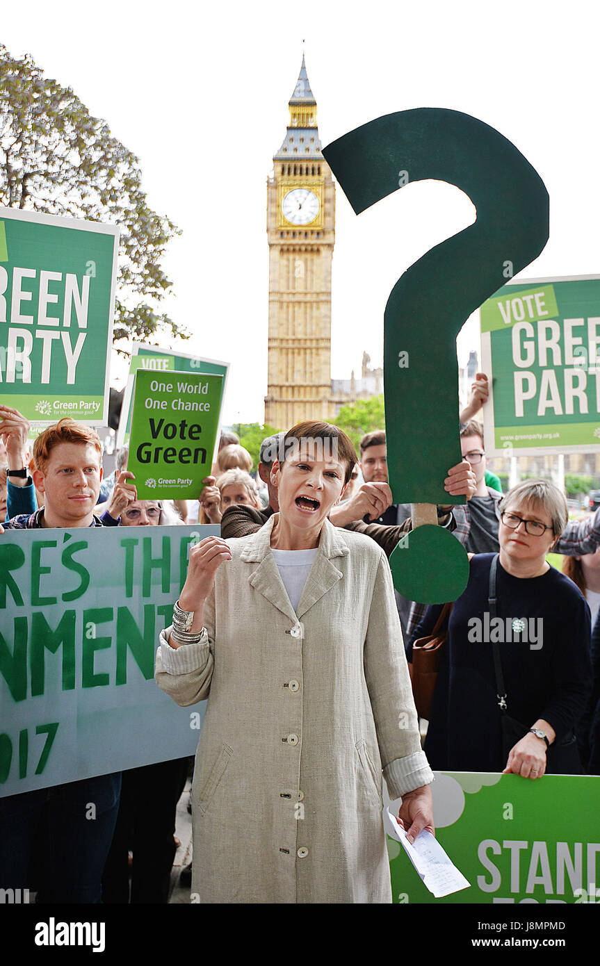 Green co-leader Caroline Lucas (avant) avec des partisans du Parti Vert lors d'un lancement de l'affiche à Westminster, Londres. Banque D'Images