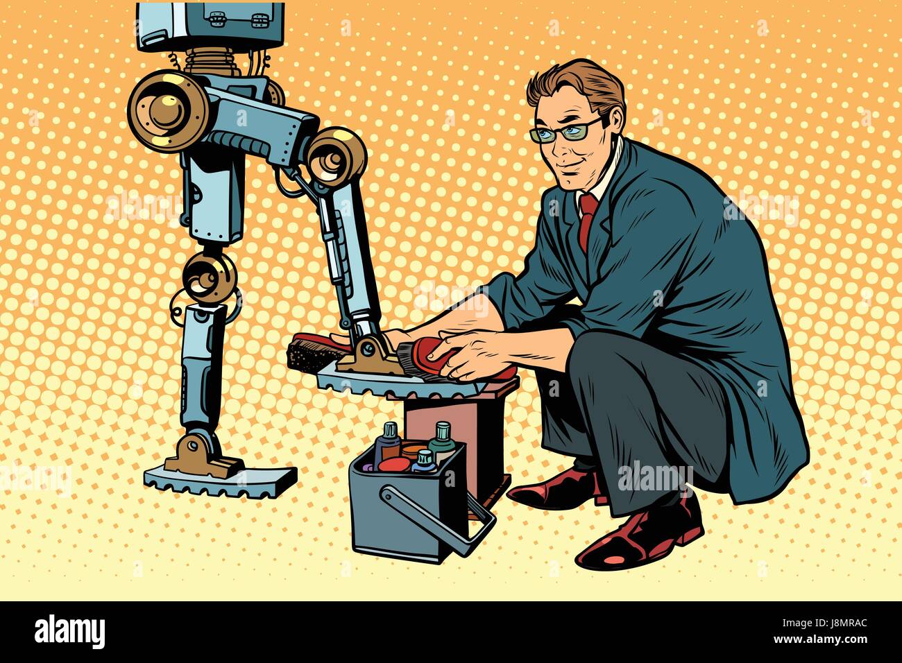 Chaussures homme nettoie robot. L'évolution et la révolution technologique. Pop art retro vector illustration Illustration de Vecteur