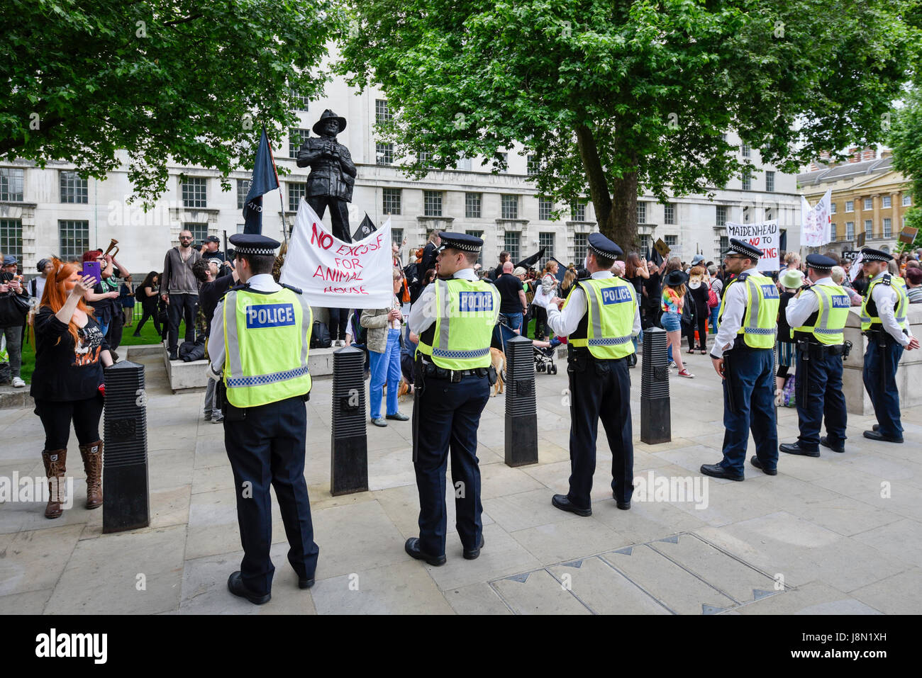 Londres, Royaume-Uni. 29 mai, 2017. Une présence de sécurité policière visible est vu comme un "stade manifestants Mars Anti-Hunting' dans le centre de Londres, en marchant de Cavendish Square à l'extérieur de Downing Street. Les manifestants demandent que l'interdiction de la chasse au renard demeure, contrairement à des commentaires rapportés par Theresa May, Premier Ministre, que la Loi sur la chasse de 2004 pourrait être abrogée après l'élection générale. Crédit : Stephen Chung/Alamy Live News Banque D'Images