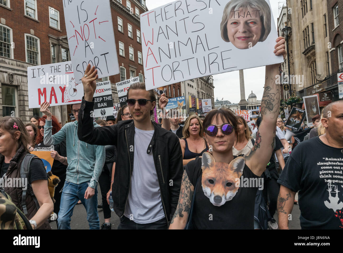 29 mai 2017 - Londres, Royaume-Uni - LONDRES, Royaume-Uni. 29 mai 2017. Plusieurs milliers de personnes à travers Londres à partir de mars un rassemblement à Cavendish Square à l'autre à Downing St Theresa pour dire que le public est peut-être contre le fait d'avoir un vote au Parlement sur le projet de loi la chasse au renard. Des sondages montrent que plus de 80  % de la population dans la ville et les zones rurales sont contre la levée de l'embargo et de l'appui des mesures et la bonne application de l'interdiction de 2004. Parmi ceux qui ont parlé et ont marché était le professeur Andrew King de la partie du bien-être animal qui est debout contre Theresa Mai à Maidenhead. Peter Marshall ImagesLive (crédit I Banque D'Images